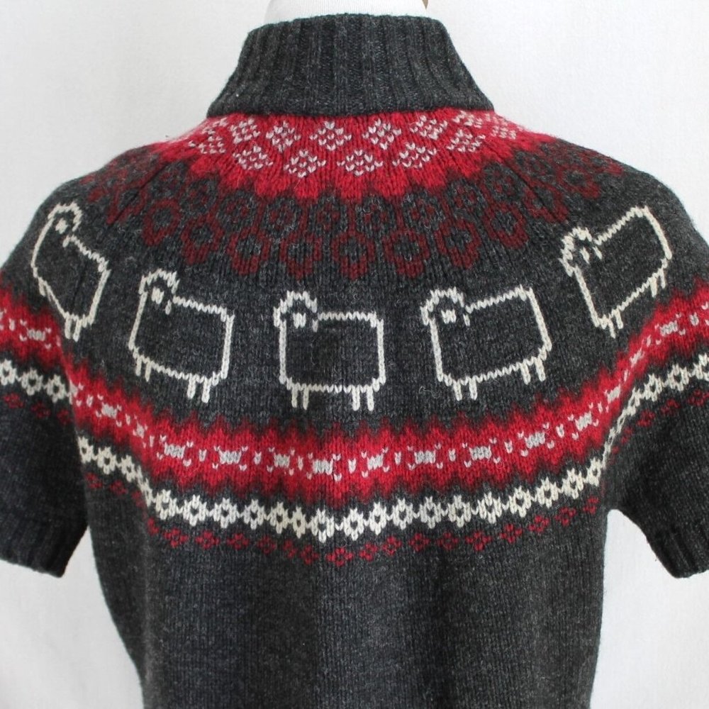 Woolrich Wool Blend Sweater Womens Size M Gray Red Sheep Short Sleeve Cardigan - Picture 6 of 8